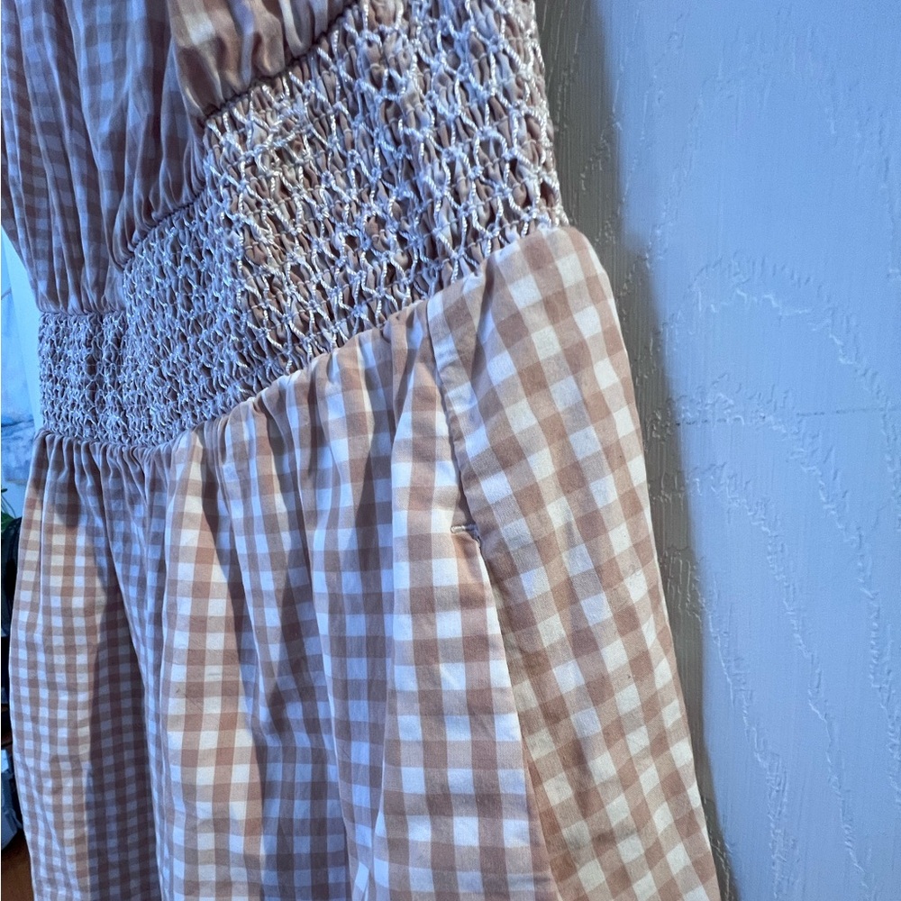 J.Crew‎ Gingham, Puffed Sleeve Cream and Tan Poplin Dress, Small - Picture 7 of 11